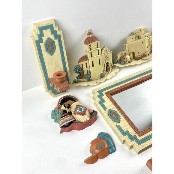 Vtg Burwood Products Sconces Mirror Shelf Set Aztec Southwest Boho - Set of 11 - Picture 4 of 14